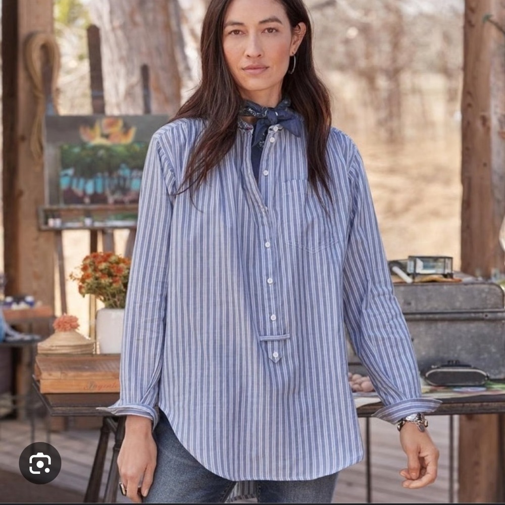Sundance Blue & White Stripe Cotton Popover Tunic Top Size Large 100% Cotton